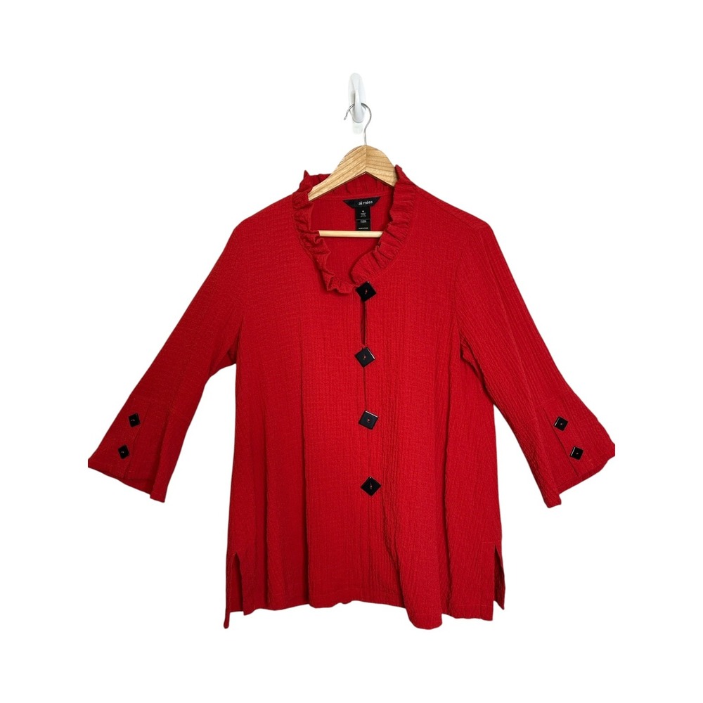 Ali Miles Red Textured Ruffle Neck Tunic Blouse M